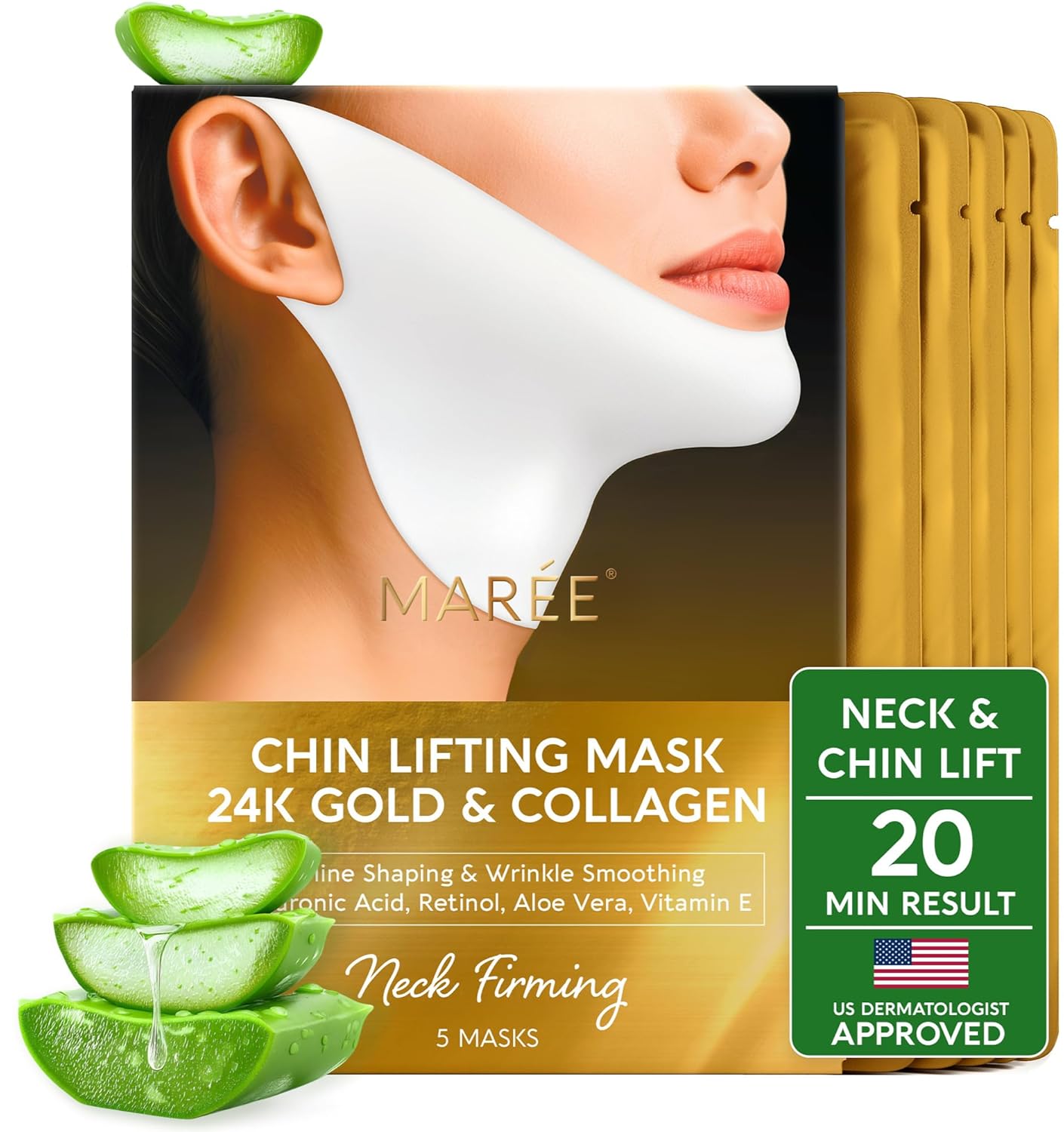 MAREE V Line Lifting Mask with 24K Gold – Deep Collagen Face Mask for Women – Jawline Shaper Mask with Retinol & Hyaluronic Acid – Neck Tightening & Firming – Double Chin Strap for Face Lift