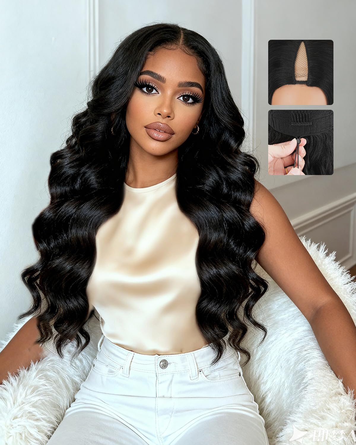 V Part Wigs Human Hair 250% Density Body Wave Upgrade U Part Human Hair Wigs with Drawstring No Leave Out No Sew Glueless Clip In Half Wig for Women (Natural Black, 16 Inch)