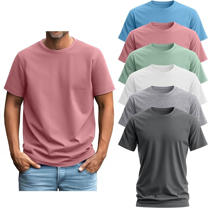 Ficerd 6 Pack Men's Big and Tall Shirts Short Sleeve Cotton Tee Summer Crew Neck Oversize Top Loose Fit Shirt Multipack
